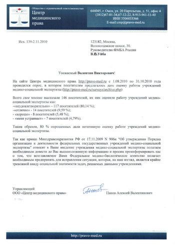Письмо руководителю ФМБА России Уйба В.В. от 02.11.2010 г.